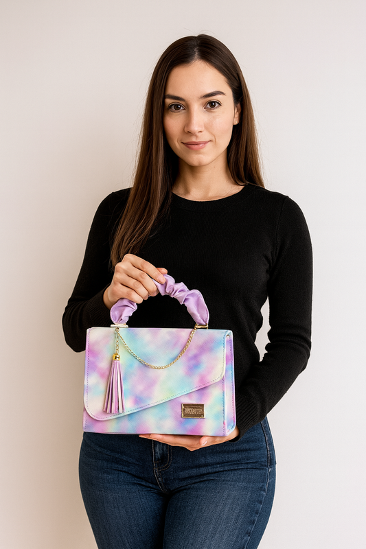 Bolsa de dama CASSANDRA pastel multicolor elegante con asa fruncida y tassel moderno