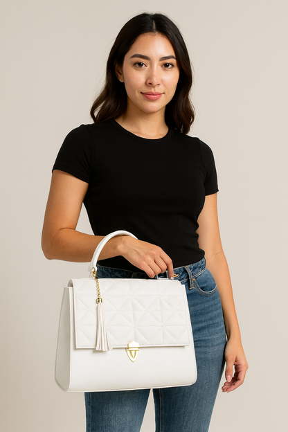 Bolsa de dama VANIA blanca elegante acolchada con asa corta y tassel moderno