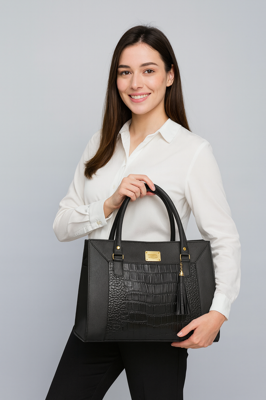 Bolsa de dama negra ITZEL elegante croco grande moderna con haza larga resistente