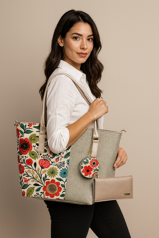 Bolsa artesanal ADELA grande flores coloridas con monedero incluido resistente y elegante