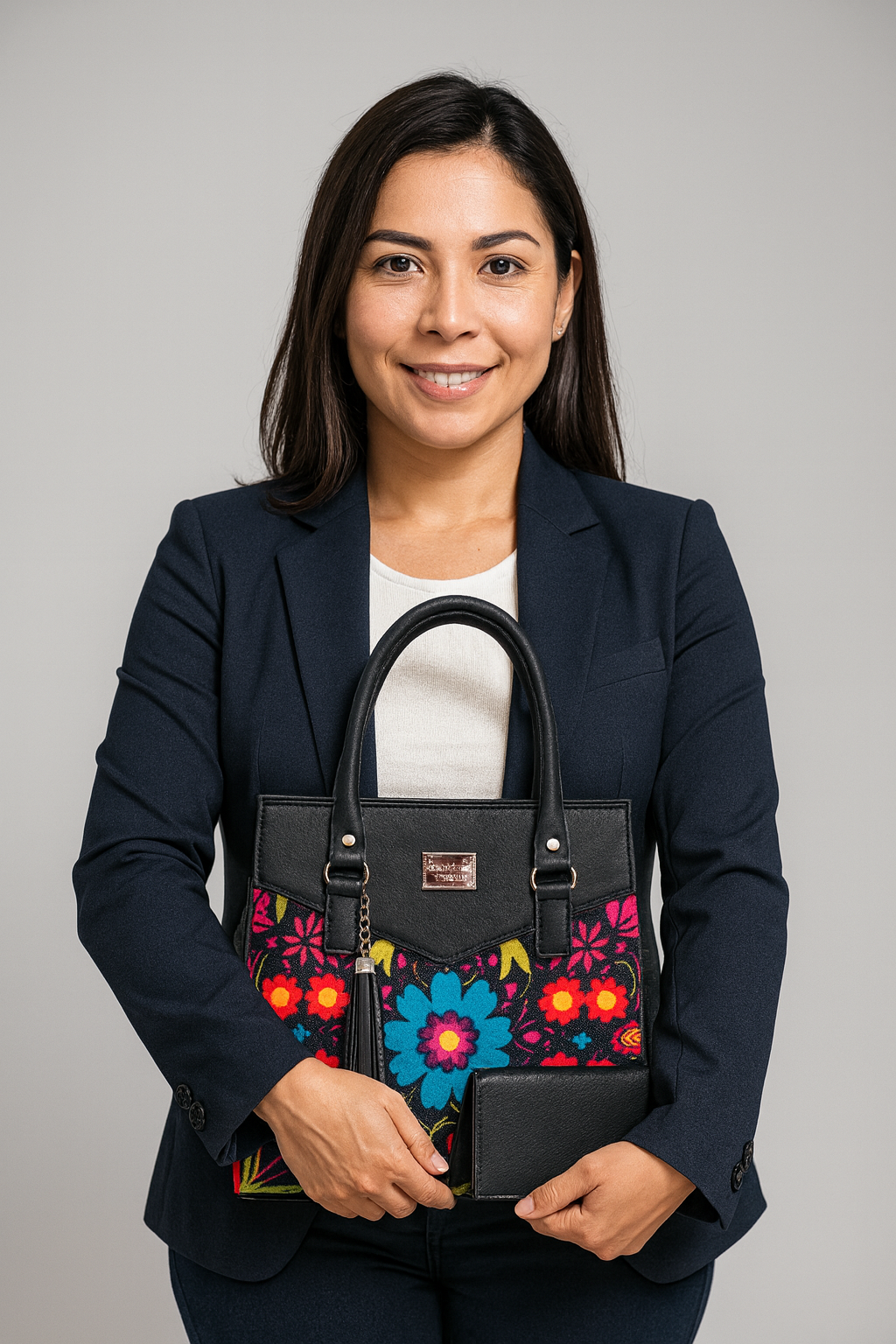Bolsa artesanal CARMELITA negra con flores coloridas grandes, elegante, amplia e ideal revender