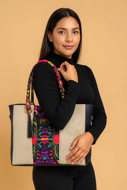 Bolsa artesanal ADALETH grande mujer elegante asas bordadas colores vivos ideal revender