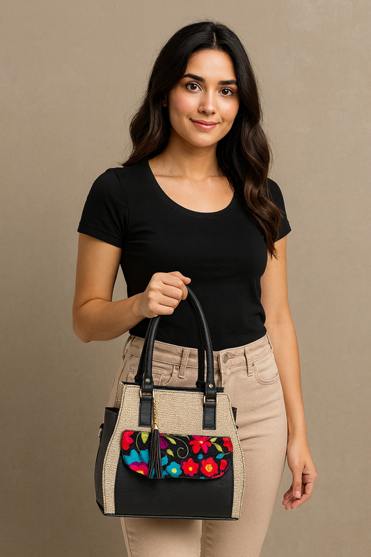 Bolsa artesanal LAURA negra con bordado colorido, elegante, amplia, resistente, ideal revender