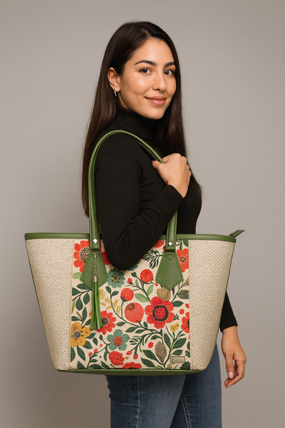 Bolsa artesanal YAMILETH verde con flores bordadas, elegante, espaciosa, ideal para revender 🌿👜