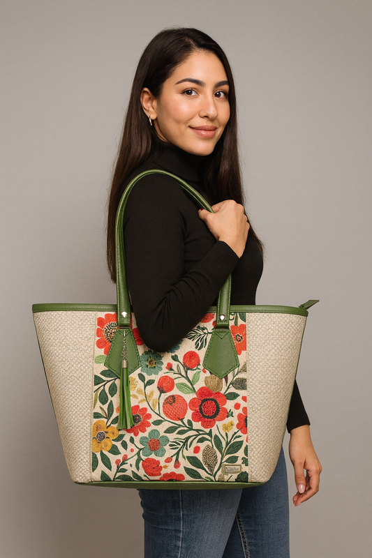 Bolsa artesanal YAMILETH verde con flores bordadas, elegante, espaciosa, ideal para revender 🌿👜