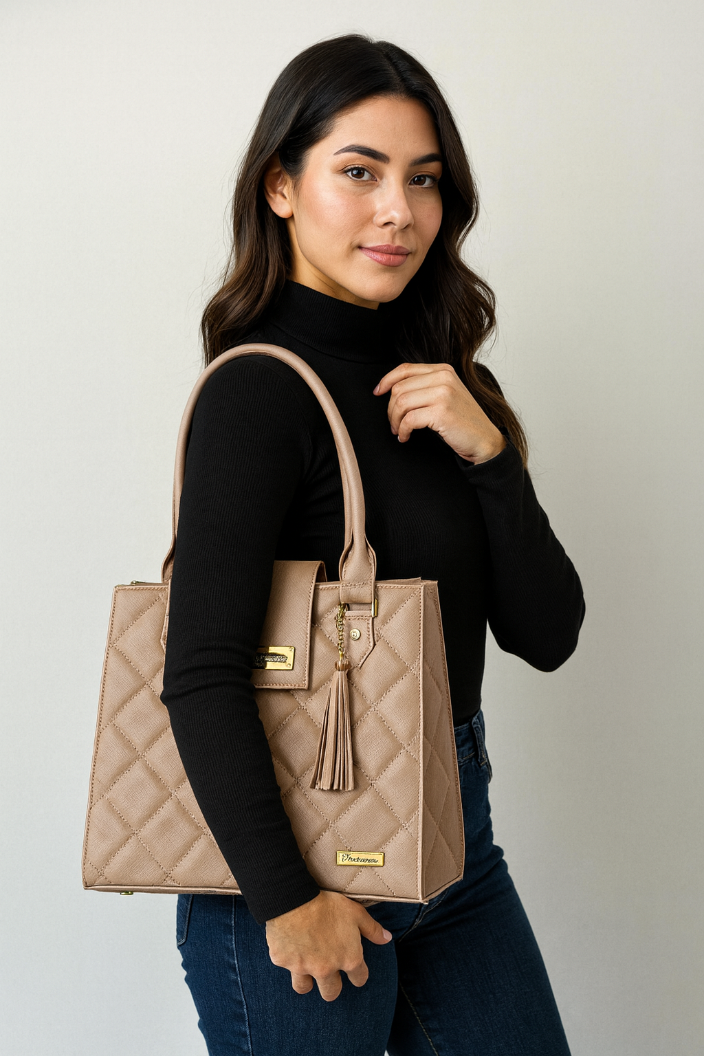 Bolsa dama LOURDES elegante color beige acolchada con cartera, moderna y sofisticada