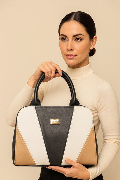 Bolsa Valentina Tricolor Negra Blanca Beige Sintética de Alta Calidad Moderna Elegante