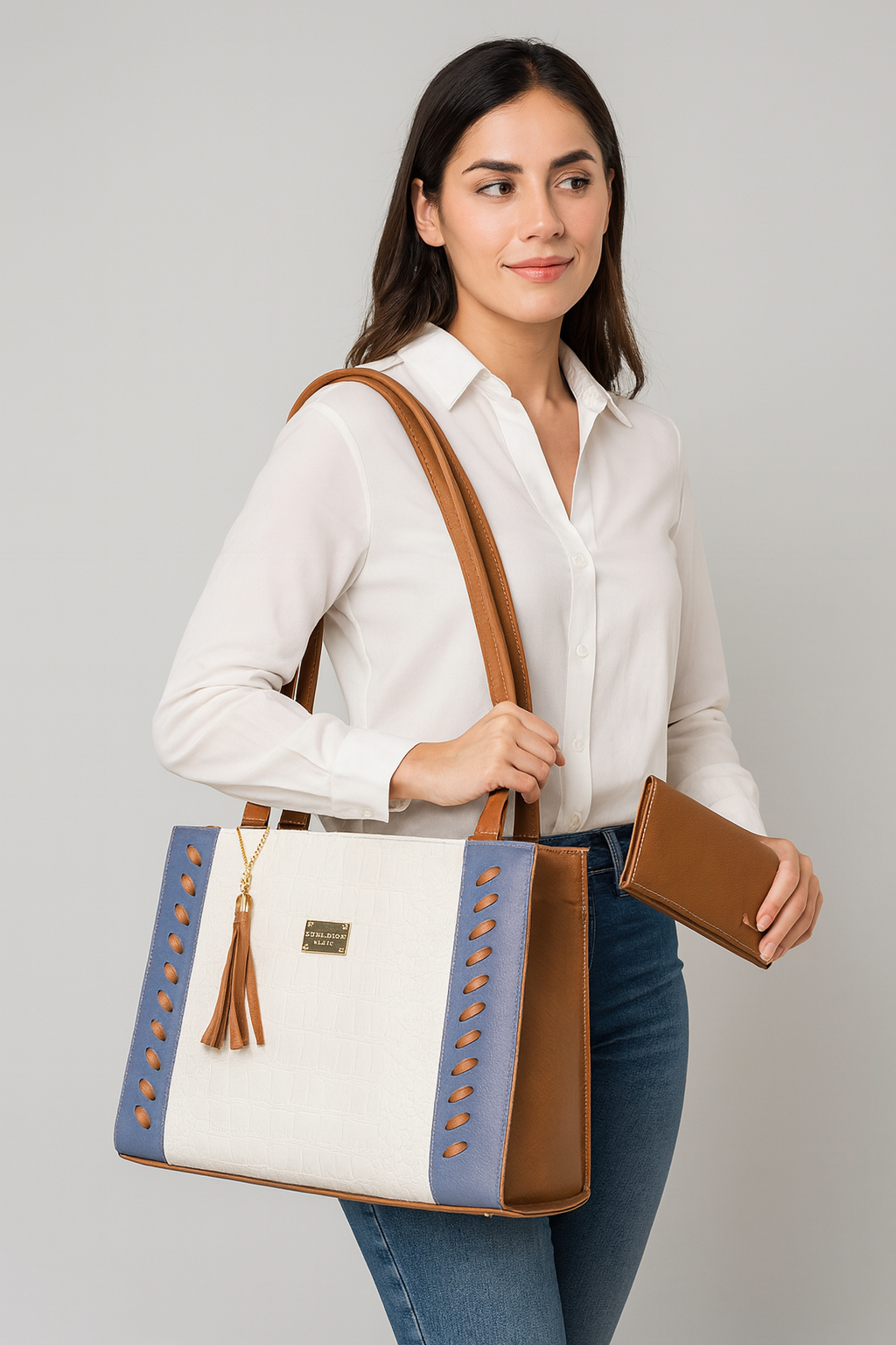 Bolsa FABIOLA elegante mujer diseño croco azul café blanco, ideal para revender