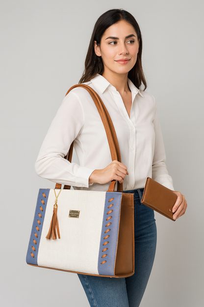Bolsa FABIOLA elegante mujer diseño croco azul café blanco, ideal para revender