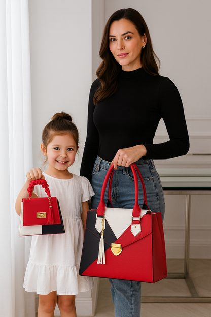 Dúo de bolsas sintéticas de alta calidad rojo blanco negro mamá hija