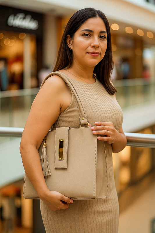 Bolsa de dama Loren elegante moderna grande beige sintética alta calidad exclusiva