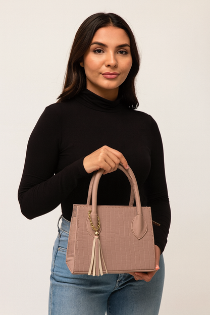 Bolsa DESIDEREE Crossbody Beige Estilo Croco con Tassel – Mini Tote Elegante y Sofisticado