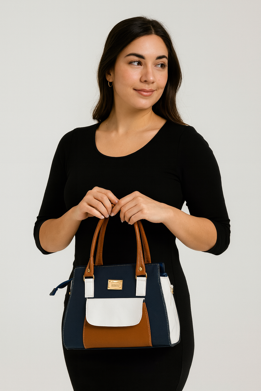 Bolsa DORIS Mediana Azul Marino con Detalles Blanco y Café | Elegante y Moderna | Moda Dama Casual y Oficina