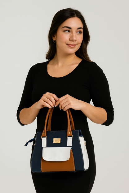 Bolsa DORIS Mediana Azul Marino con Detalles Blanco y Café | Elegante y Moderna | Moda Dama Casual y Oficina