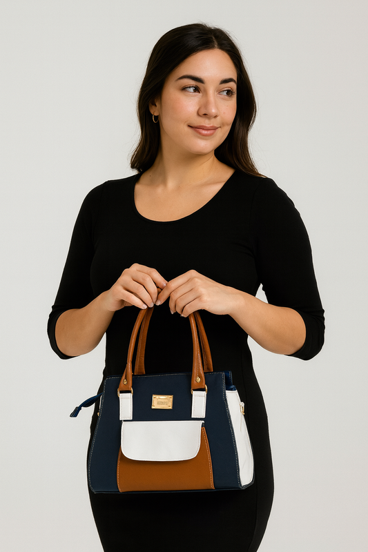 Bolsa DORIS Mediana Azul Marino con Detalles Blanco y Café | Elegante y Moderna | Moda Dama Casual y Oficina