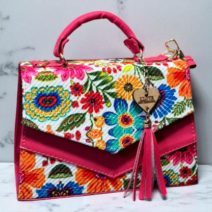 Bolsa DUNIA Crossbody Artesanal Blanca con Bordado Colorido y Tassel – Mini Tote Mexicano de Moda