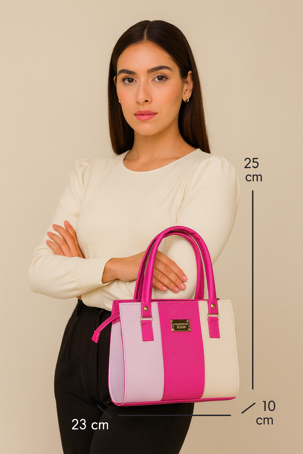 Bolsa EDITH Mediana Tricolor Rosa Fucsia, Lila y Beige | Moderna y Elegante | Moda Dama Casual y Oficina