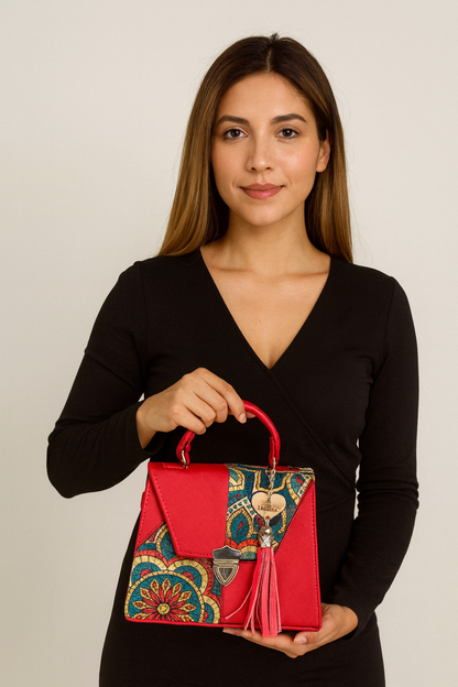 Bolsa ELOISA Crossbody Artesanal Roja con Bordado Multicolor y Tassel – Mini Tote Mexicano de Moda