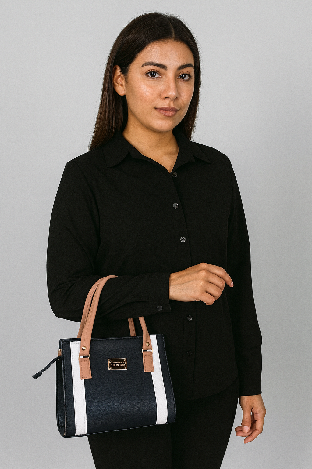 Bolsa ELVIRA Mediana Negra con Detalles Blanco y Beige | Elegante y Moderna | Moda Dama Casual y Oficina