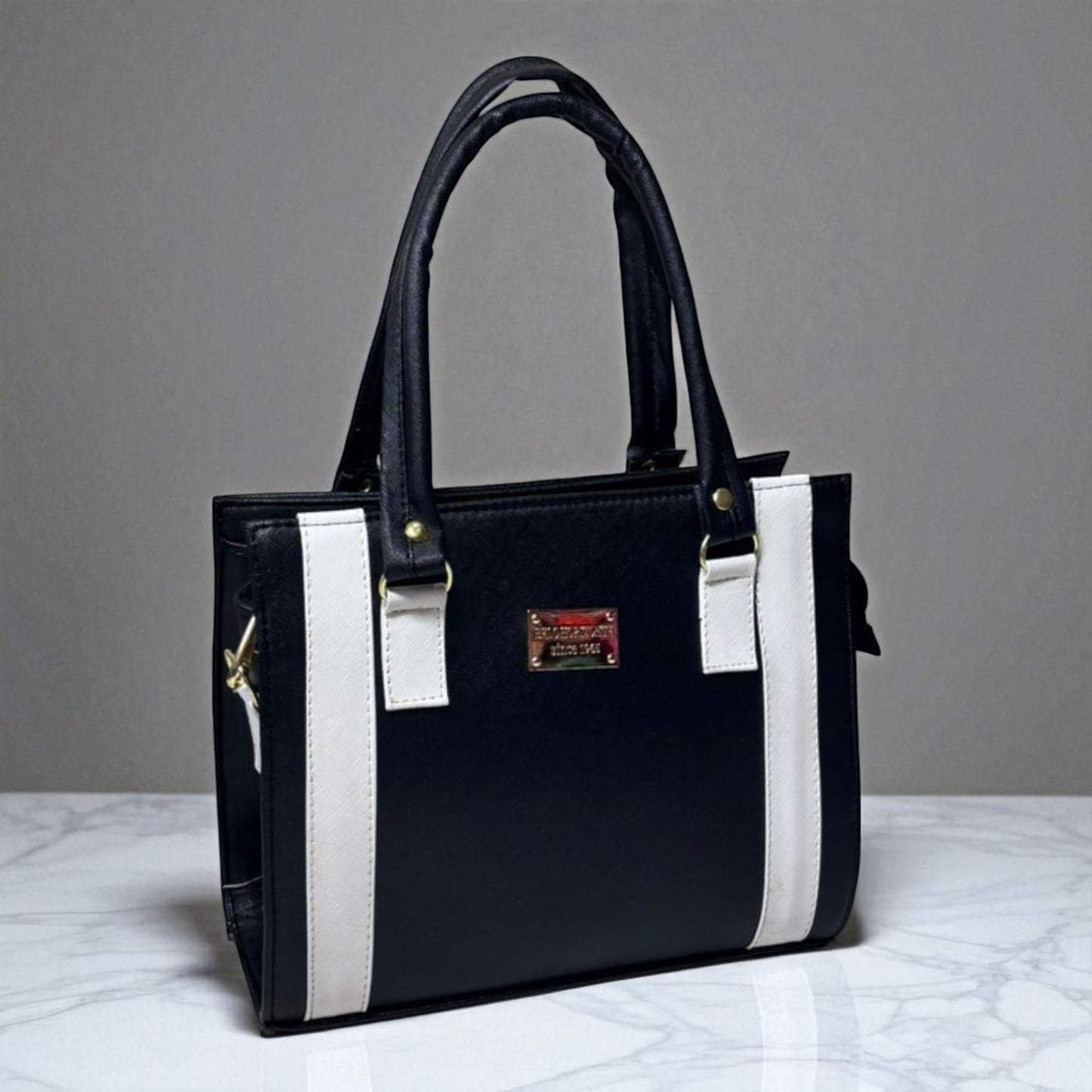 Bolsa ELVIRA Mediana Negra con Detalles Blanco y Beige | Elegante y Moderna | Moda Dama Casual y Oficina