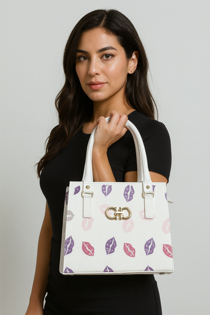 Bolsa ESTELA Mediana Blanca con Estampado de Besos | Moderna y Juvenil | Moda Dama Casual y Divertida