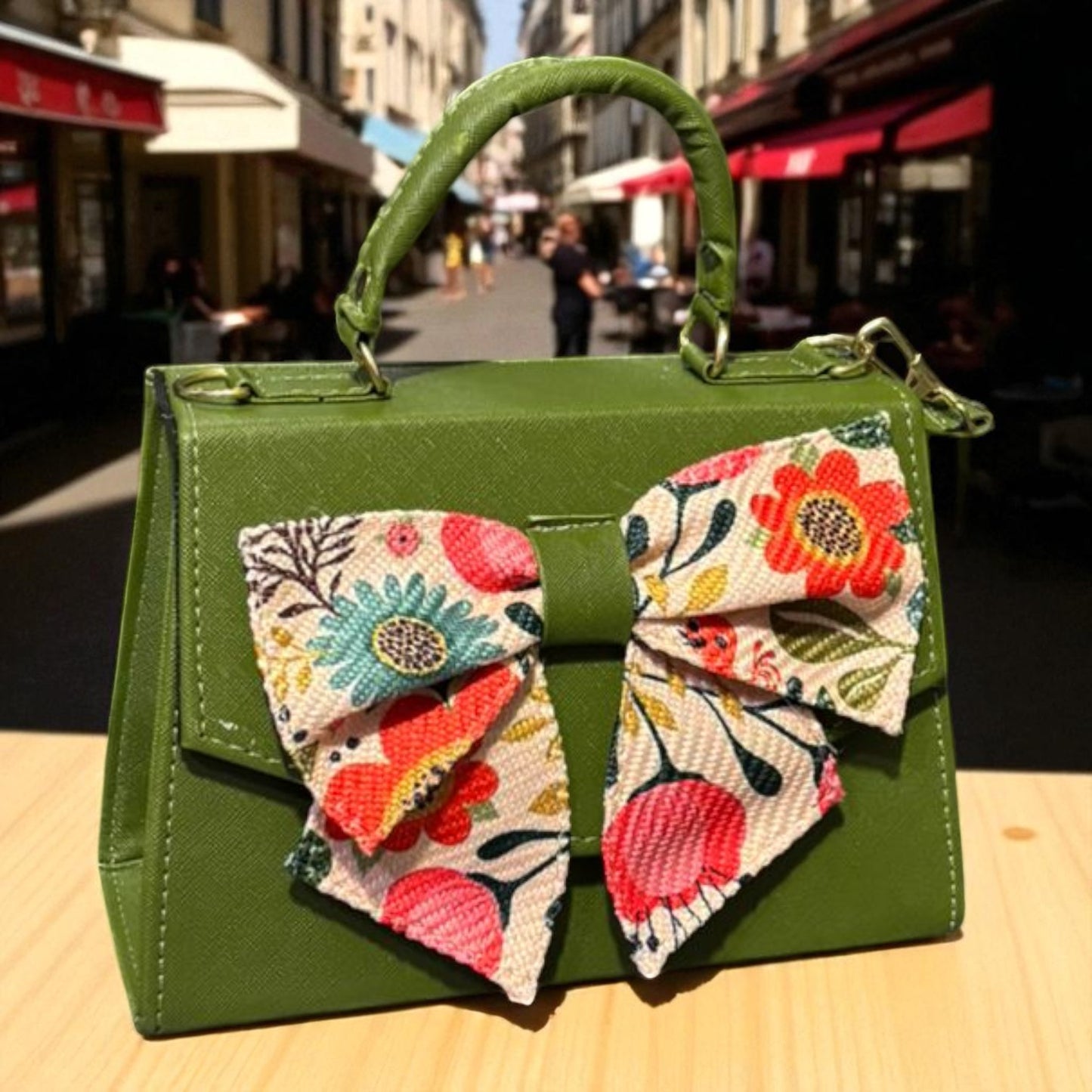 Bolsa FAUSTINA Crossbody Negra con Moño de Girasoles – Mini Tote Artesanal Moderno