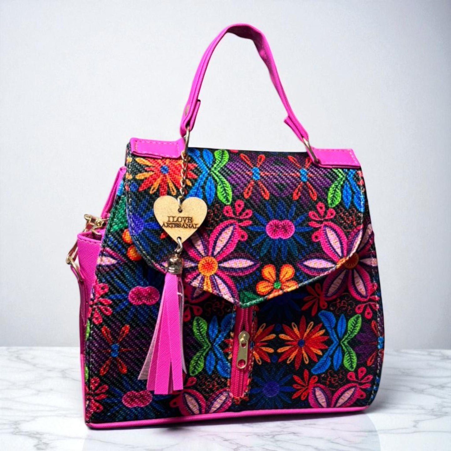 Bolsa FELICIA Mediana Artesanal Azul y Blanca con Diseño Floral | Moderna y Elegante | Moda Dama Casual y Oficina