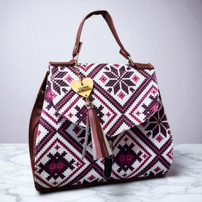 Bolsa FELICIA Mediana Artesanal Azul y Blanca con Diseño Floral | Moderna y Elegante | Moda Dama Casual y Oficina