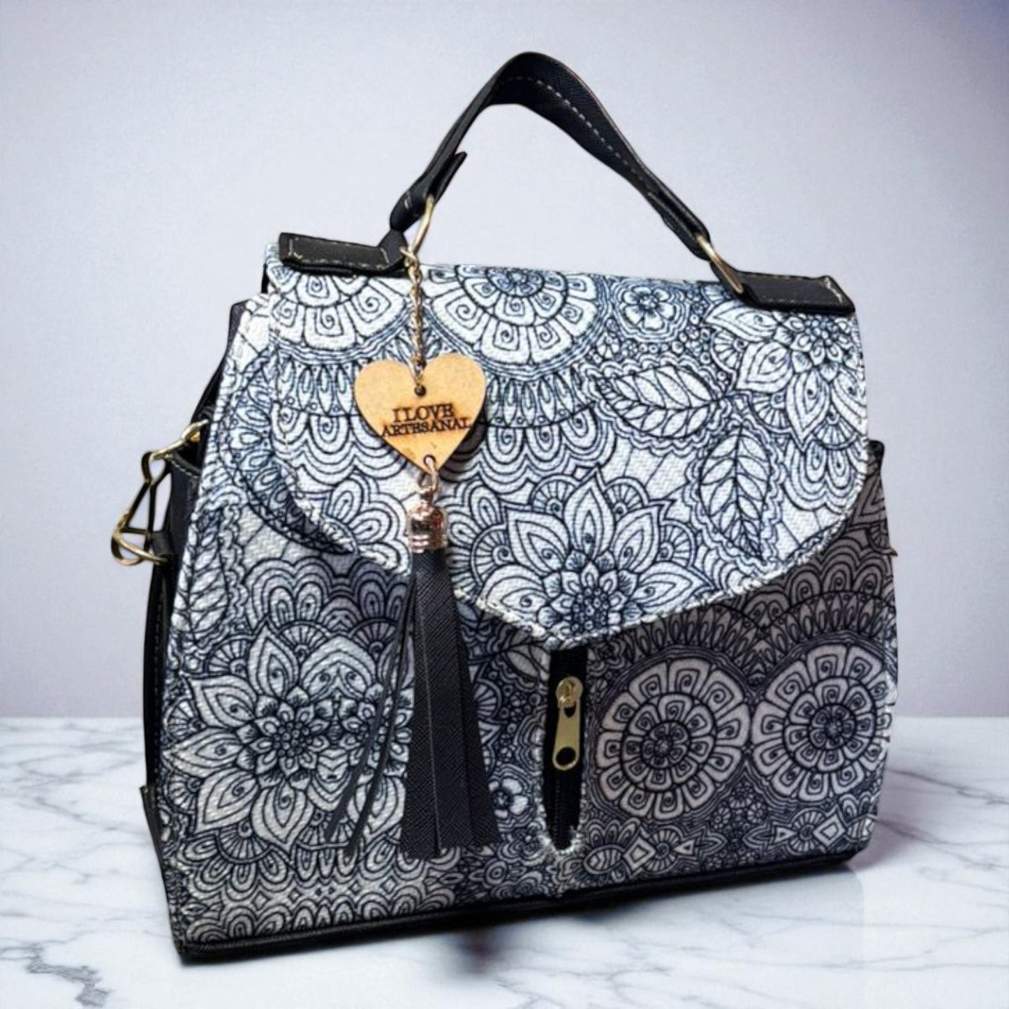 Bolsa FELICIA Mediana Artesanal Azul y Blanca con Diseño Floral | Moderna y Elegante | Moda Dama Casual y Oficina