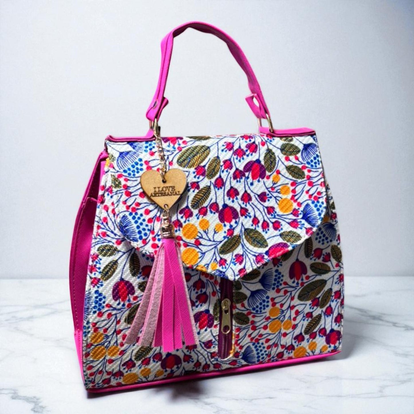 Bolsa FELICIA Mediana Artesanal Azul y Blanca con Diseño Floral | Moderna y Elegante | Moda Dama Casual y Oficina
