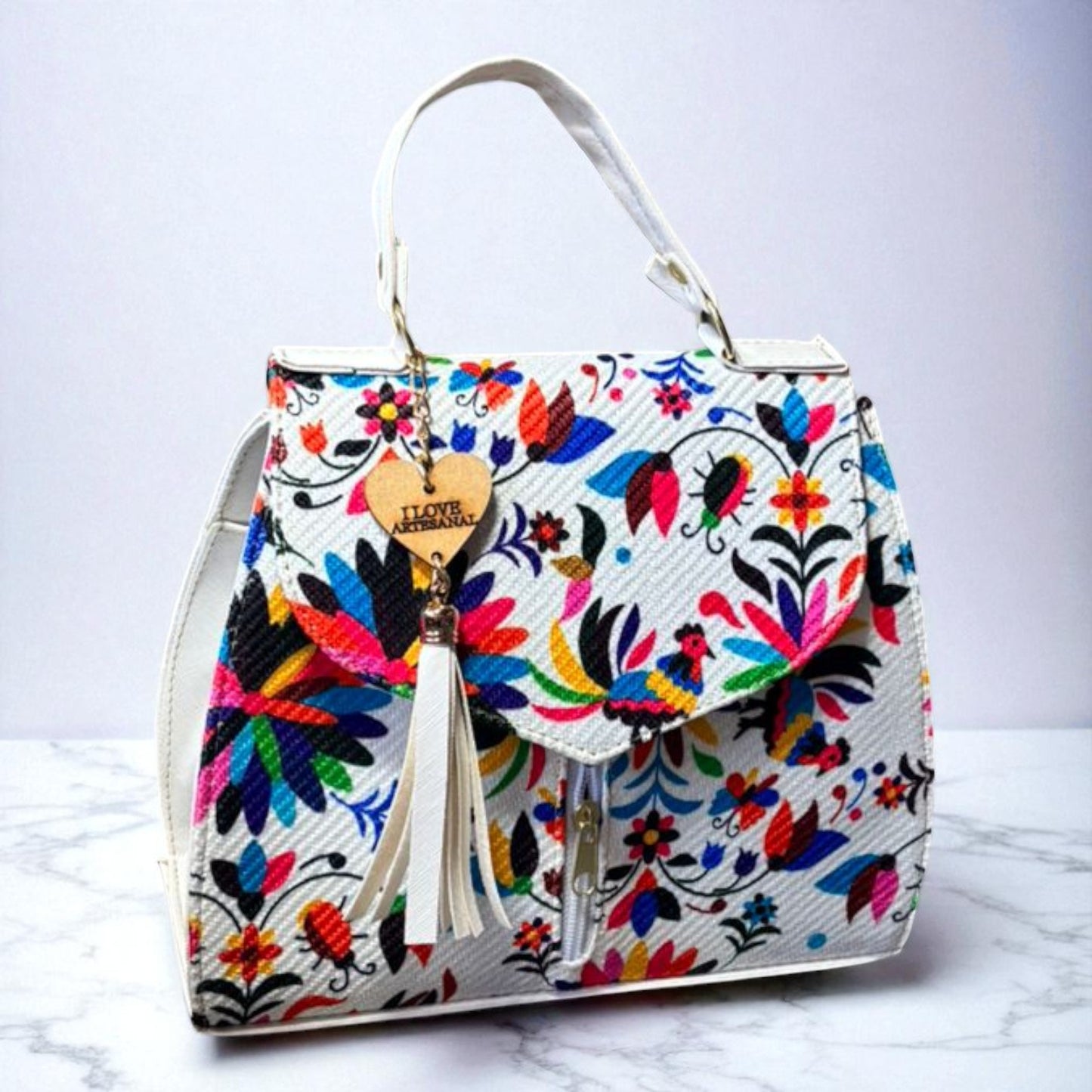 Bolsa FELICIA Mediana Artesanal Azul y Blanca con Diseño Floral | Moderna y Elegante | Moda Dama Casual y Oficina