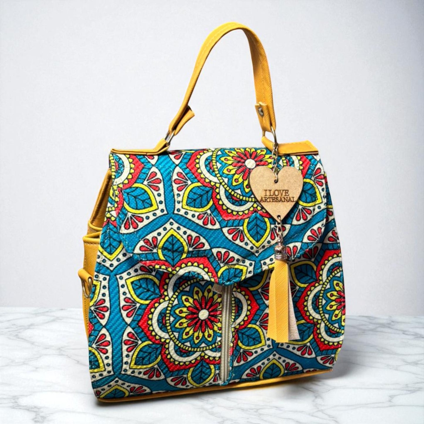 Bolsa FELICIA Mediana Artesanal Azul y Blanca con Diseño Floral | Moderna y Elegante | Moda Dama Casual y Oficina