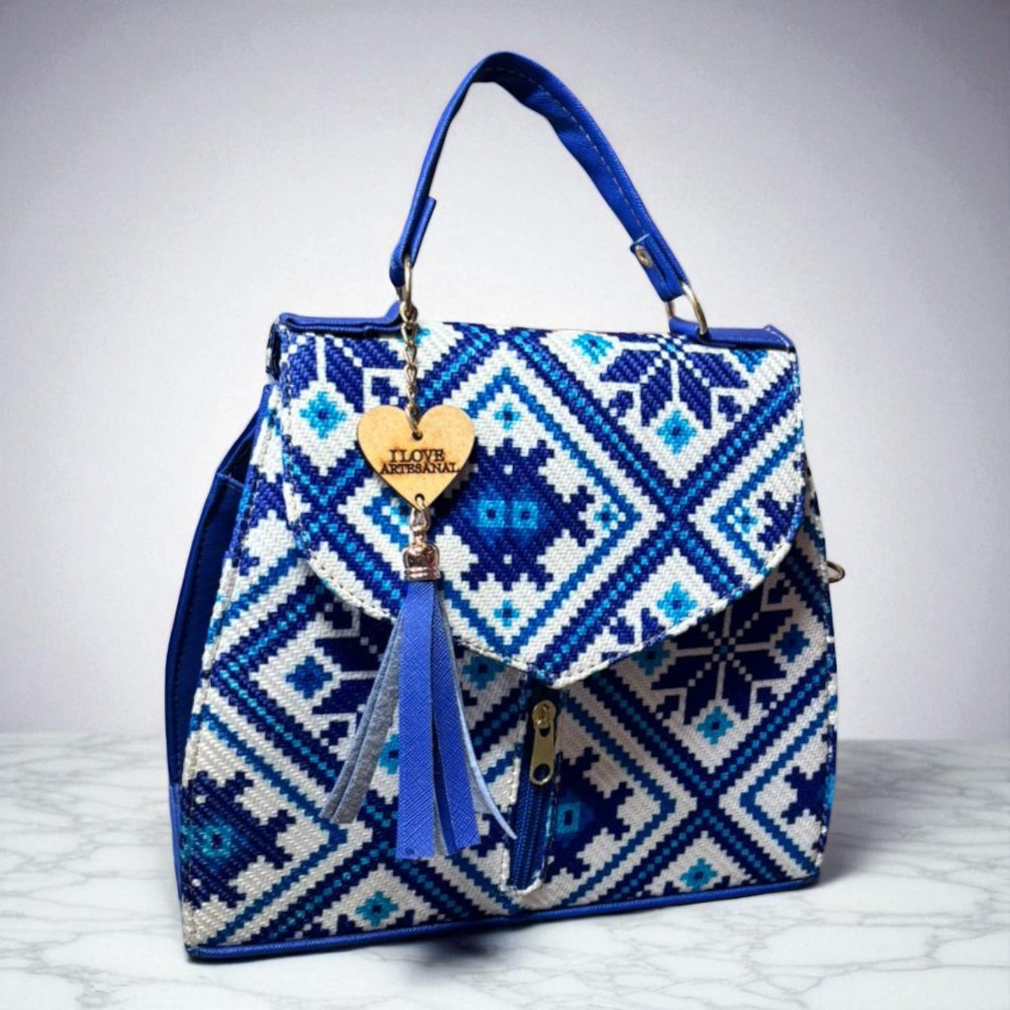Bolsa FELICIA Mediana Artesanal Azul y Blanca con Diseño Floral | Moderna y Elegante | Moda Dama Casual y Oficina