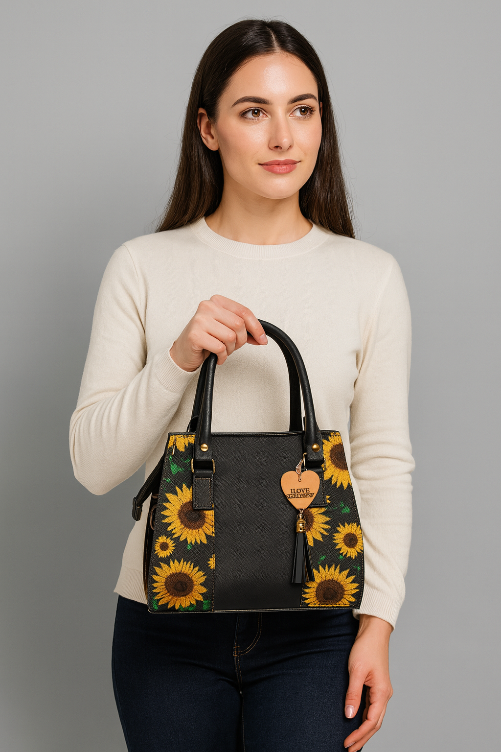 Bolsa GENOVEVA Mediana Negra con Bordado de Girasoles | Artesanal y Elegante | Moda Dama Casual y Oficina