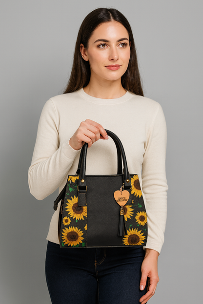 Bolsa GENOVEVA Mediana Negra con Bordado de Girasoles | Artesanal y Elegante | Moda Dama Casual y Oficina