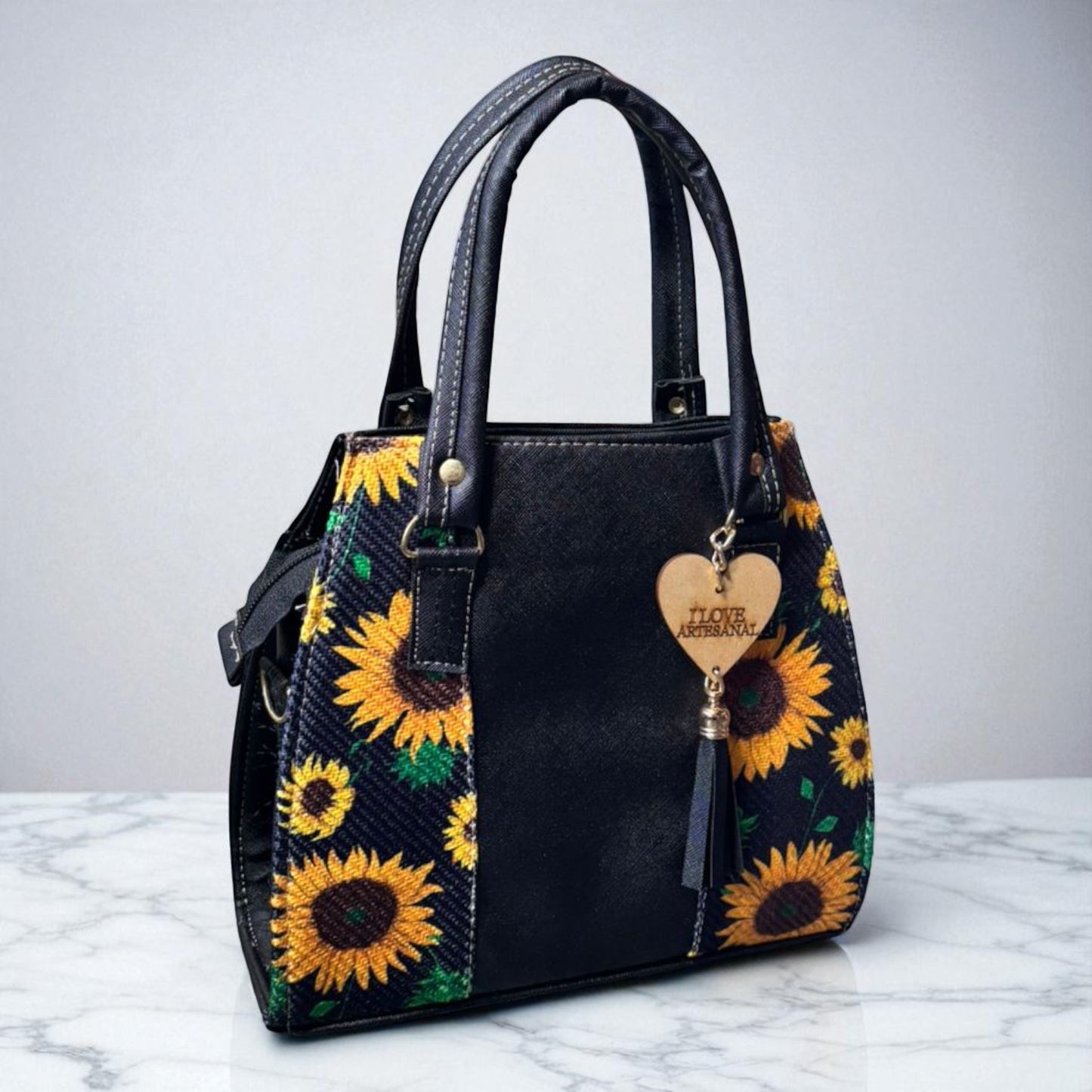 Bolsa GENOVEVA Mediana Negra con Bordado de Girasoles | Artesanal y Elegante | Moda Dama Casual y Oficina