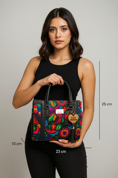 Bolsa GEORGINA Mediana Artesanal Negra con Bordado Floral Multicolor | Moderna y Elegante | Moda Dama Casual y Oficina
