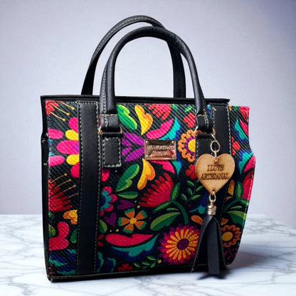 Bolsa GEORGINA Mediana Artesanal Negra con Bordado Floral Multicolor | Moderna y Elegante | Moda Dama Casual y Oficina