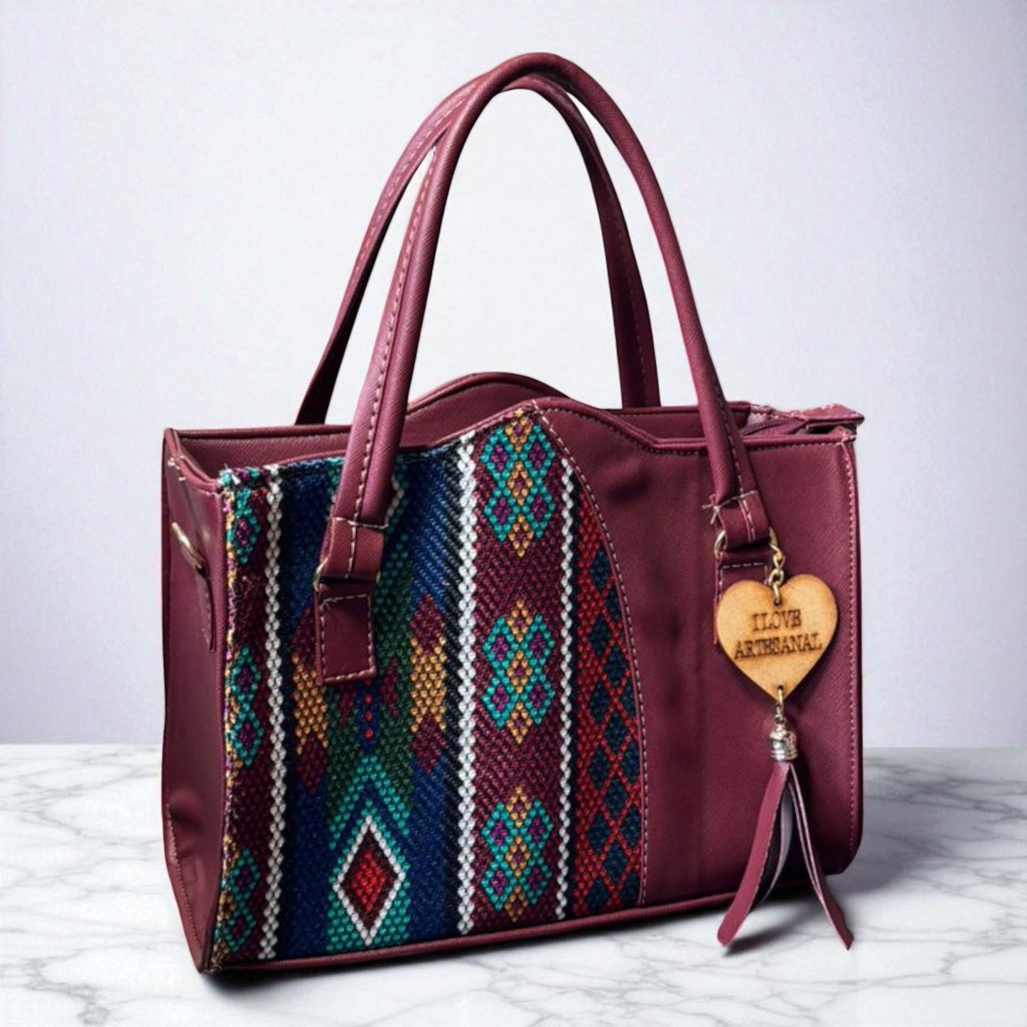 Bolsa GLORIA Mediana Artesanal Vino con Bordado Geométrico Multicolor | Elegante y Moderna | Moda Dama Casual y Oficina