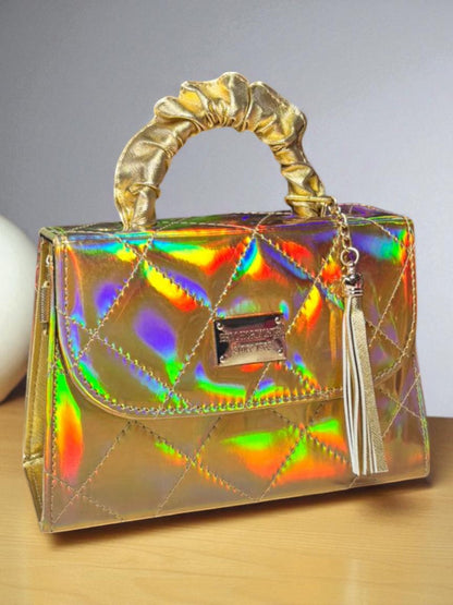 Bolsa JOSEFINA Crossbody Holográfica con Asa Lila y Tassel – Mini Tote Futurista de Moda