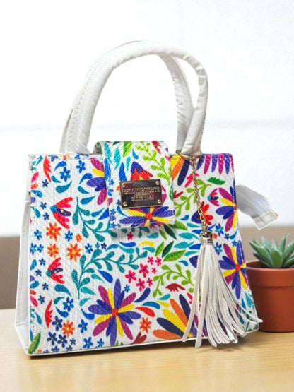 Bolsa MARICRUZ Crossbody Lila con Estampado Mandala Multicolor y Tassel – Mini Tote Artesanal de Moda