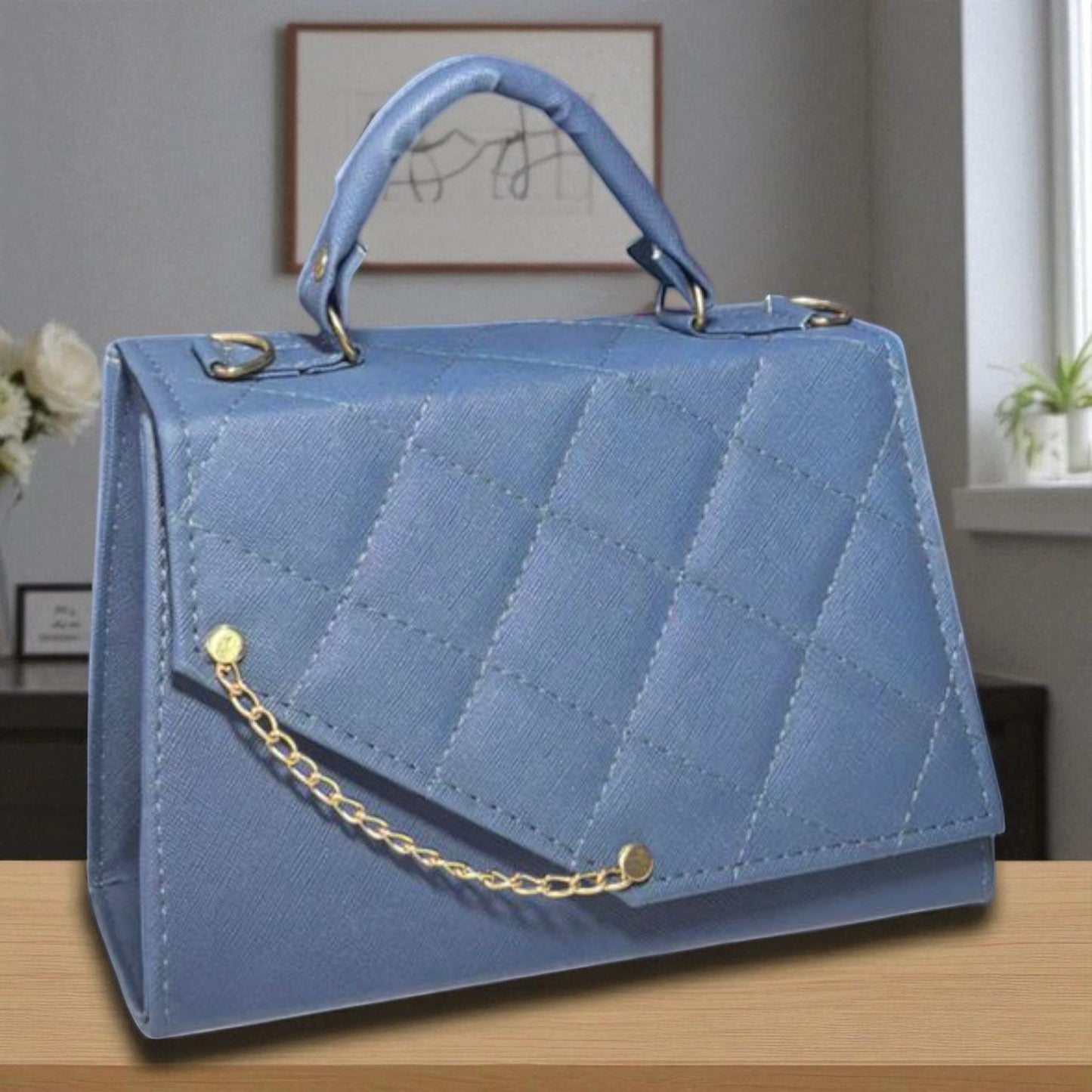 Bolsa MELINA Crossbody Azul Acolchada con Cadena Dorada | Mini Elegante de Moda