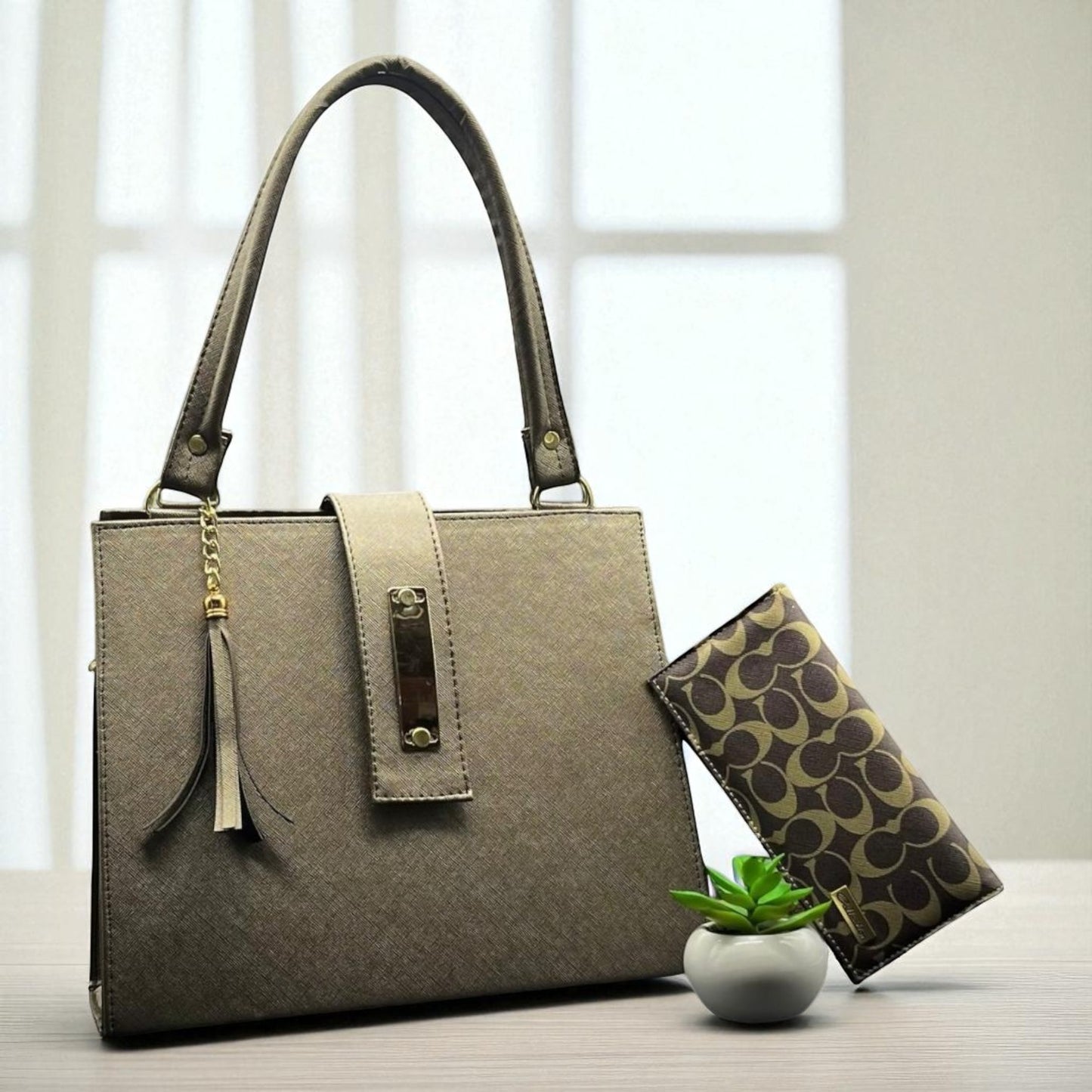 Bolsa de dama Loren elegante moderna grande beige sintética alta calidad exclusiva