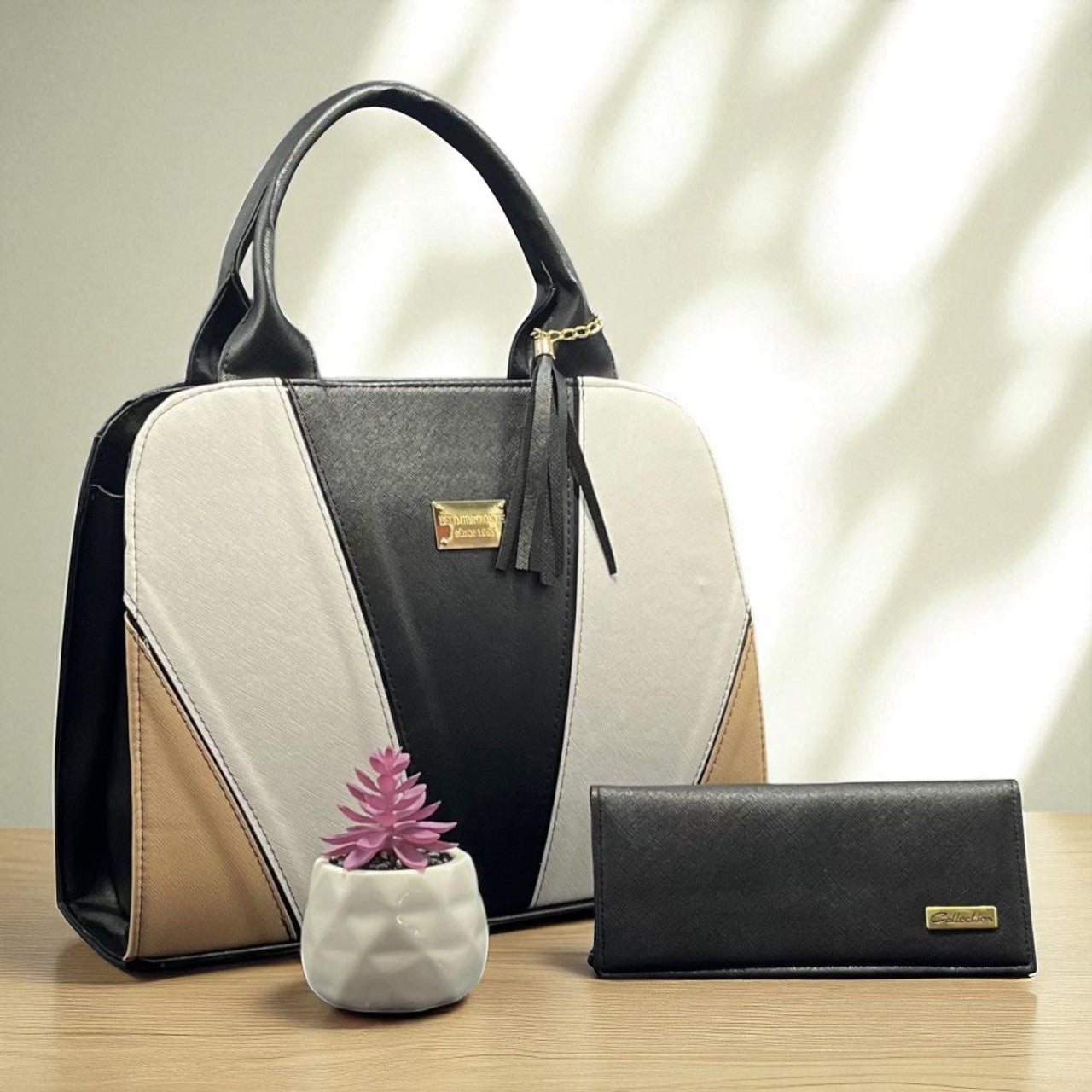 Bolsa Valentina Tricolor Negra Blanca Beige Sintética de Alta Calidad Moderna Elegante