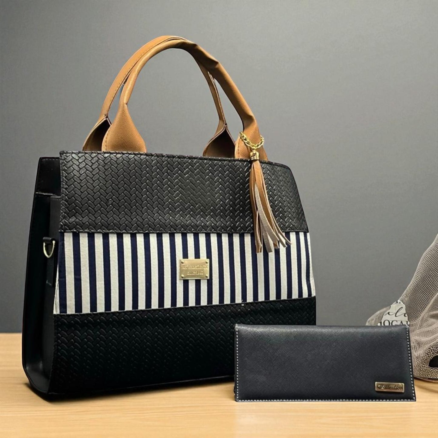 Bolsa de dama elegante Estefa negra rayas marino casual moderna resistente revender