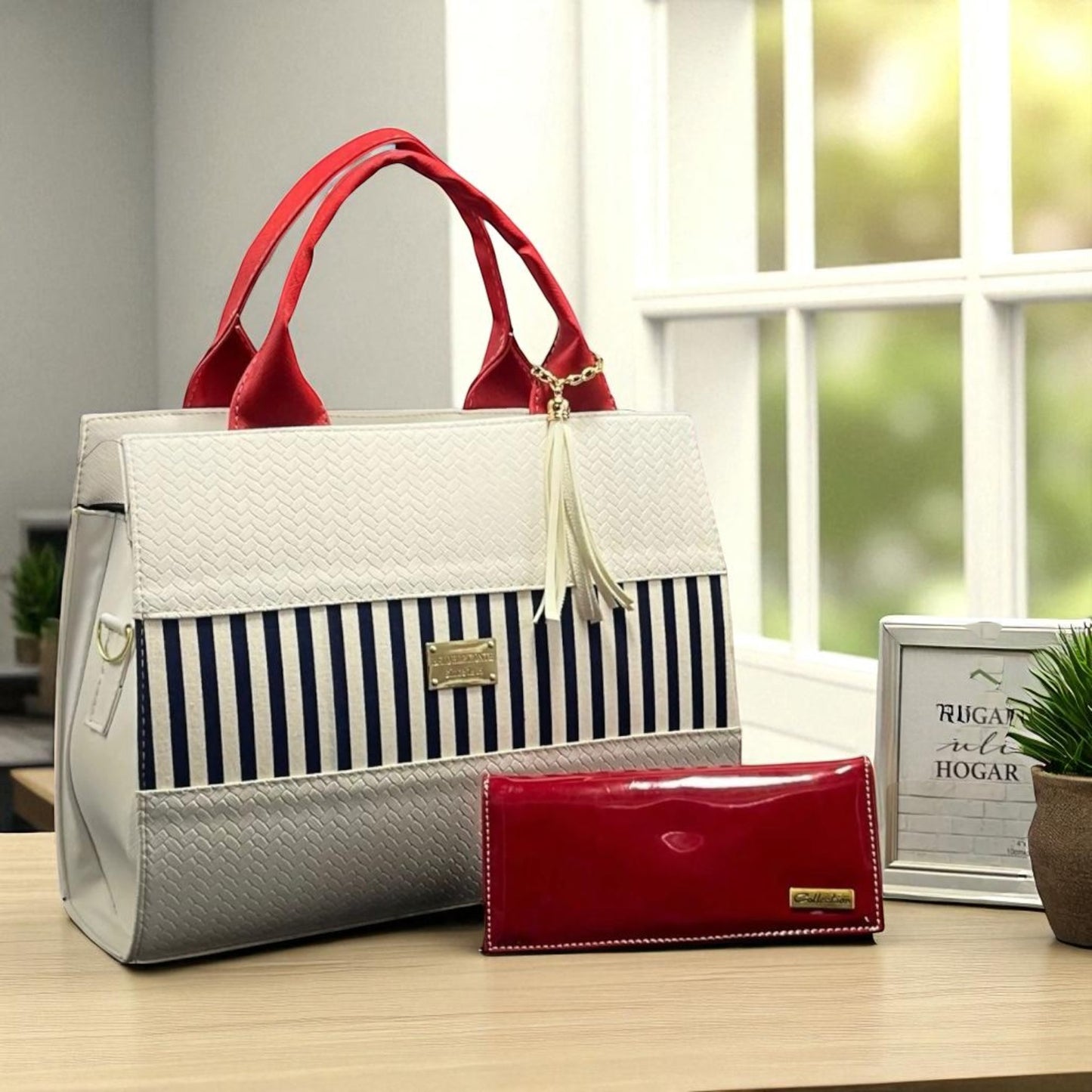 Bolsa de dama elegante Estefa negra rayas marino casual moderna resistente revender