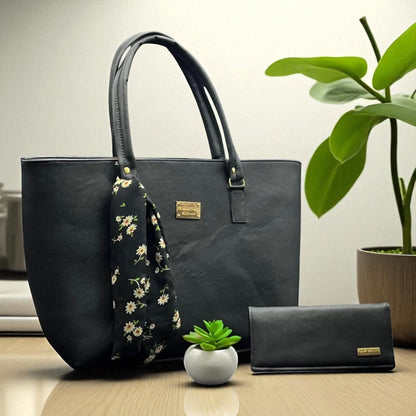 Bolsa negra AITANA de dama elegante con pañuelo floral, amplia, resistente, ideal revender