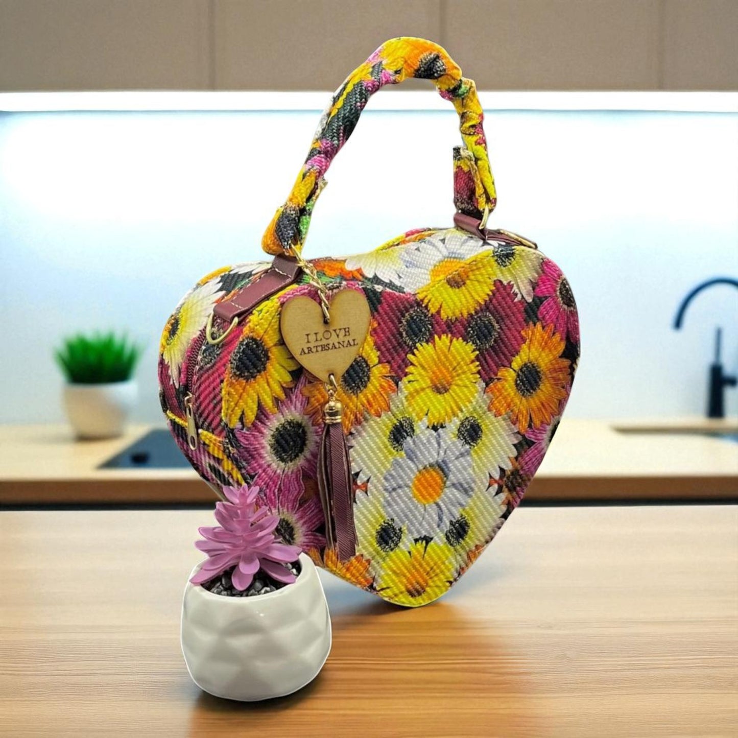 Bolsa corazón artesanal azul blanco mujer elegante moderna juvenil tendencia ideal regalo Erika