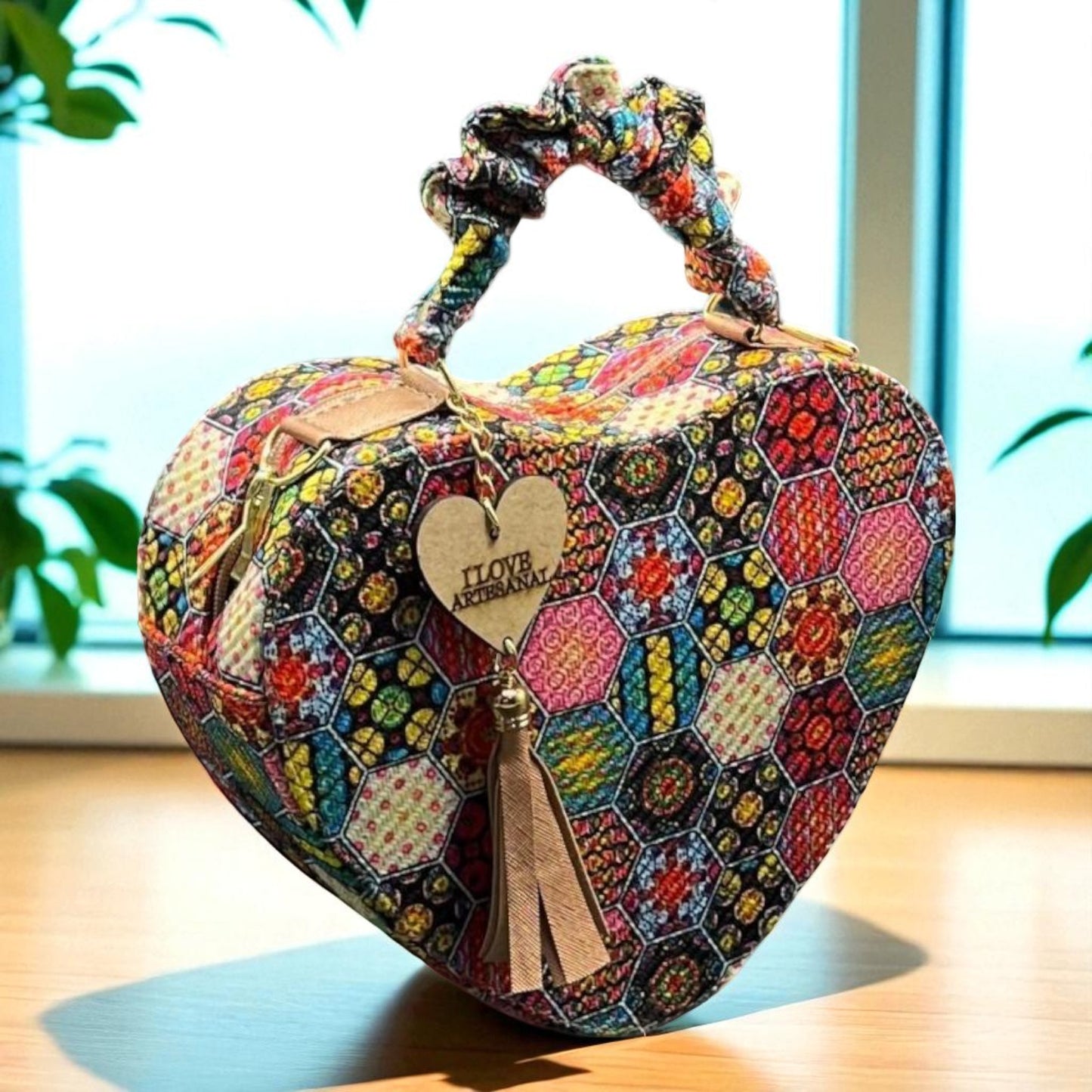 Bolsa corazón artesanal azul blanco mujer elegante moderna juvenil tendencia ideal regalo Erika