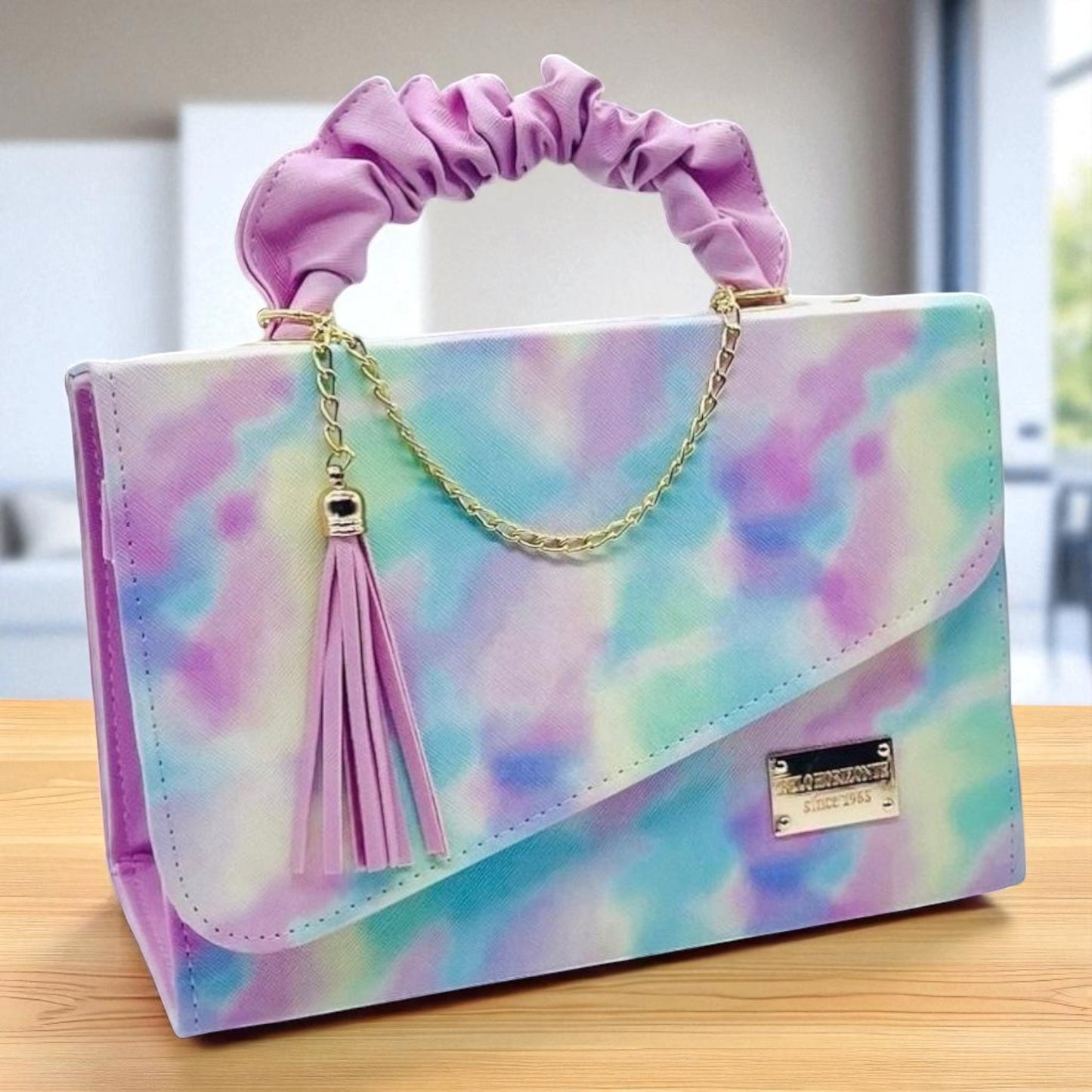 Bolsa de dama CASSANDRA pastel multicolor elegante con asa fruncida y tassel moderno